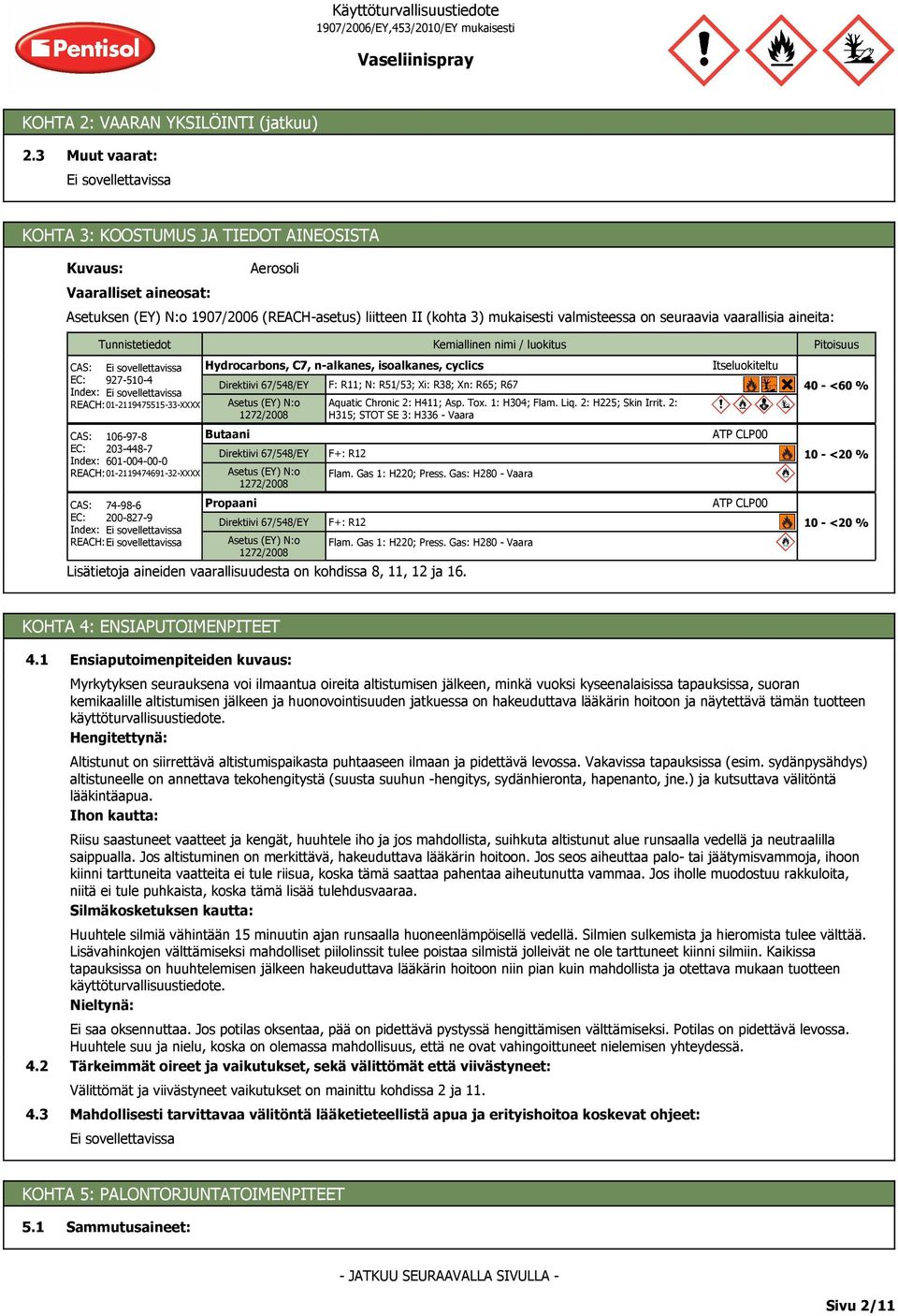 vaarallisia aineita: Kemiallinen nimi / luokitus CAS: EC: 927-510-4 Index: REACH: 01-2119475515-33-XXXX Direktiivi 67/548/EY Asetus (EY) N:o 1272/2008 F: R11; N: R51/53; Xi: R38; Xn: R65; R67 Aquatic