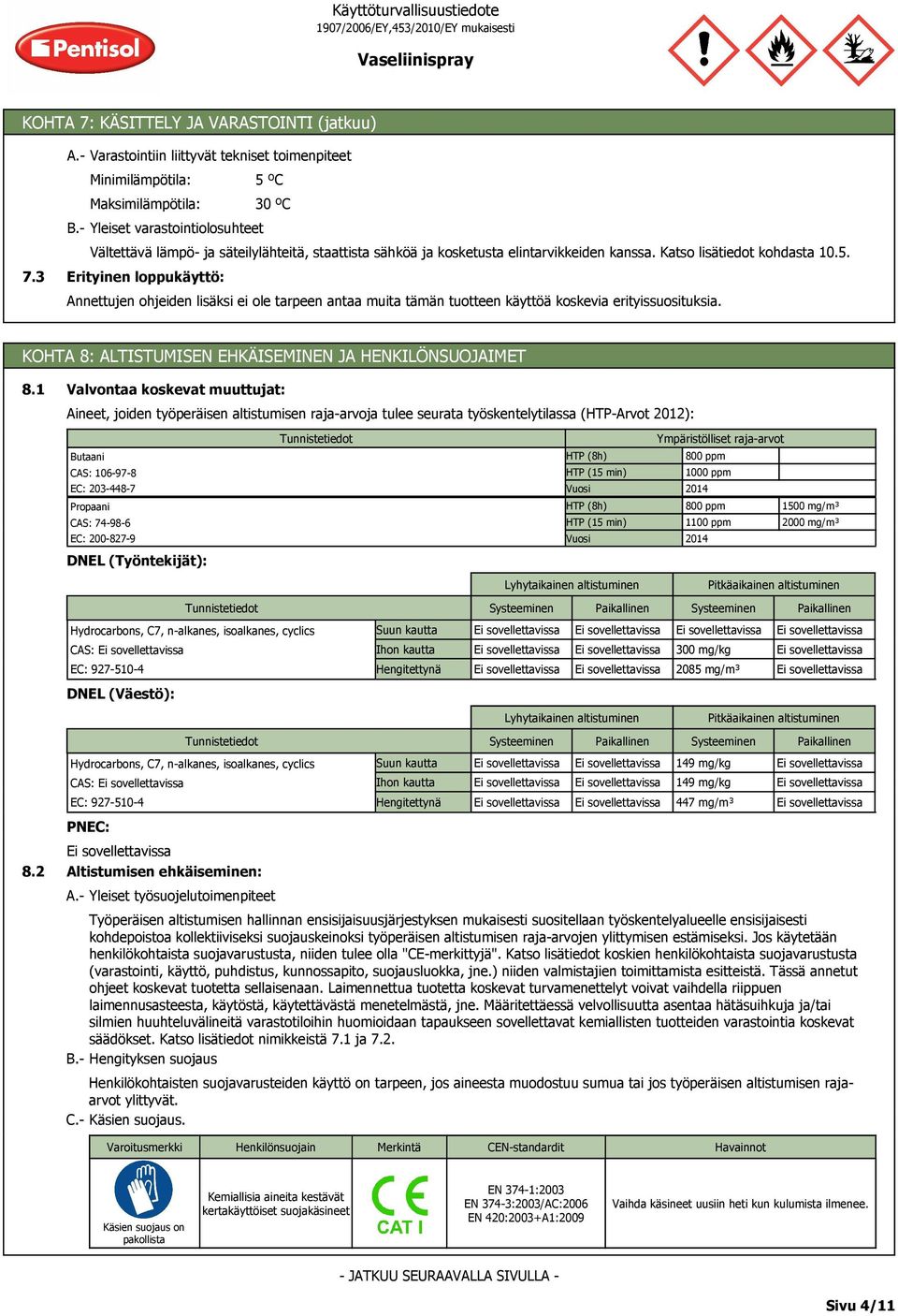 KOHTA 8: ALTISTUMISEN EHKÄISEMINEN JA HENKILÖNSUOJAIMET 8.