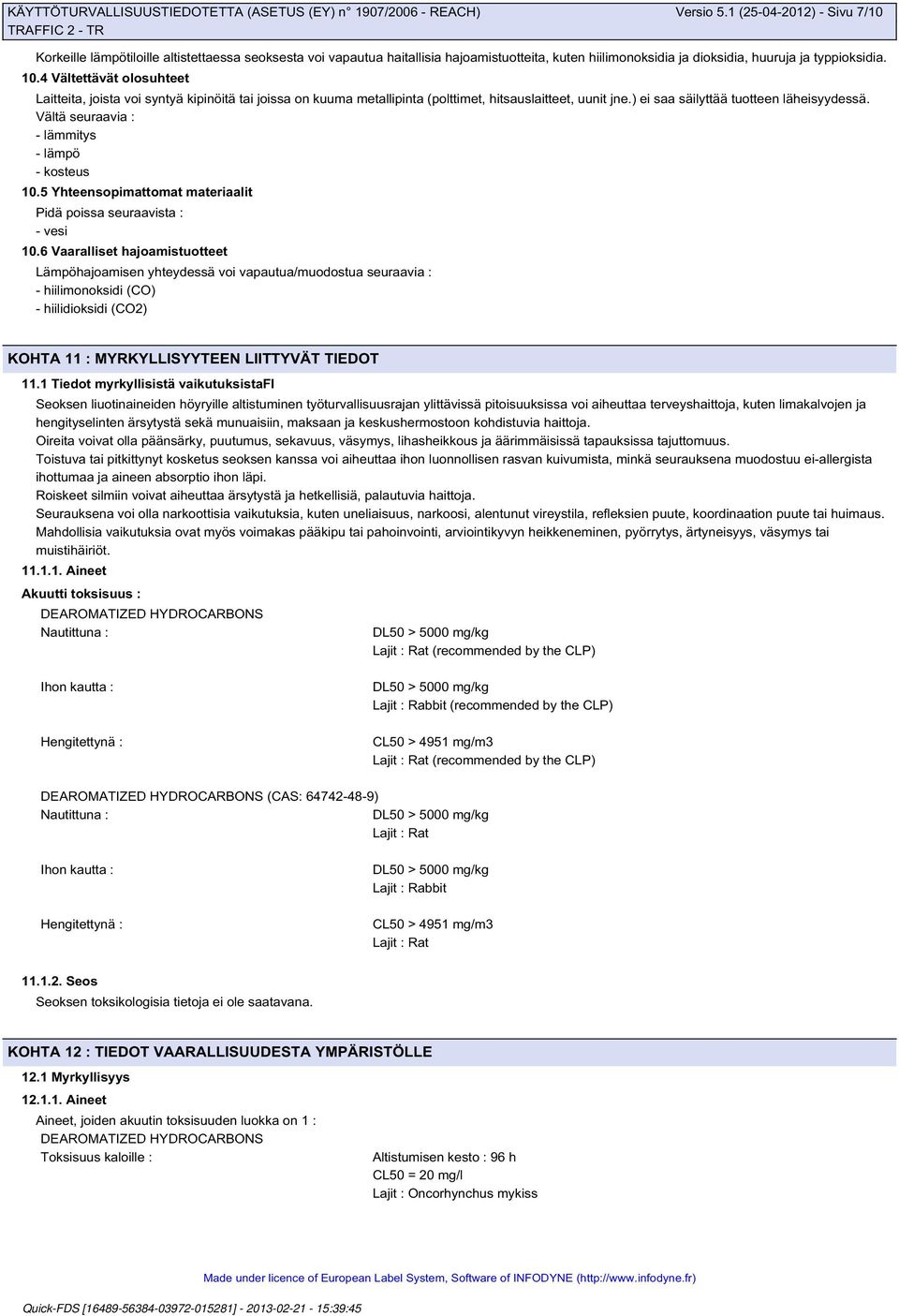 Vältä seuraavia : - lämmitys - lämpö - kosteus 10.5 Yhteensopimattomat materiaalit Pidä poissa seuraavista : - vesi 10.