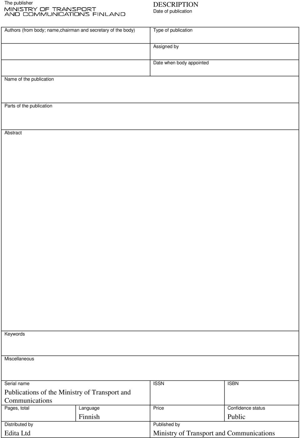 Miscellaneous Serial name Publications of the Ministry of Transport and Communications Pages, total Distributed by