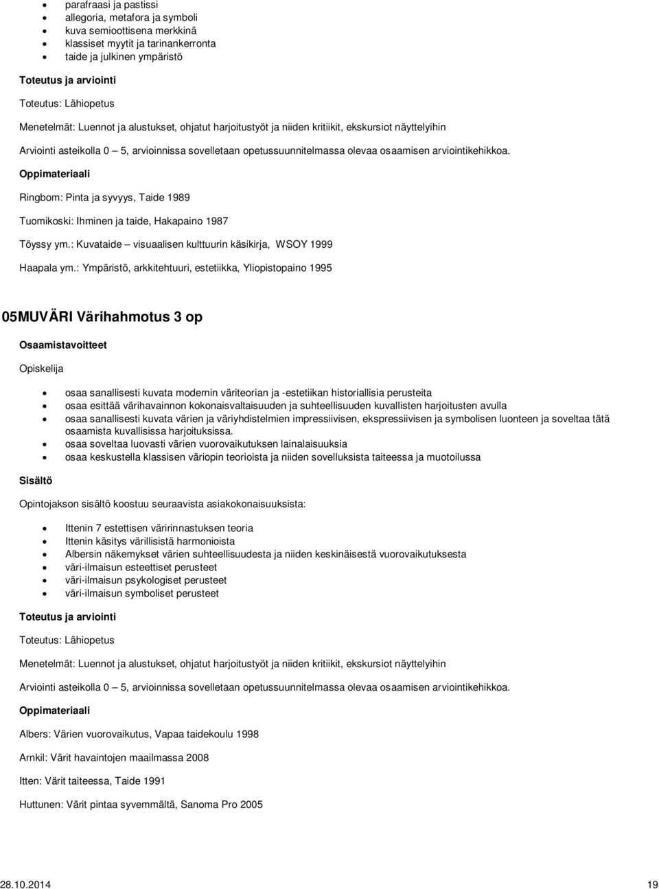 Ringbom: Pinta ja syvyys, Taide 1989 Tuomikoski: Ihminen ja taide, Hakapaino 1987 Töyssy ym.: Kuvataide visuaalisen kulttuurin käsikirja, WSOY 1999 Haapala ym.