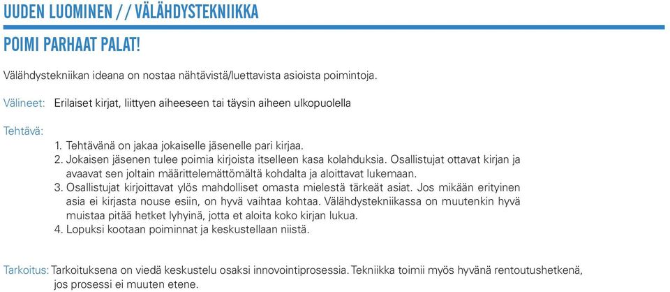 Jokaisen jäsenen tulee poimia kirjoista itselleen kasa kolahduksia. Osallistujat ottavat kirjan ja avaavat sen joltain määrittelemättömältä kohdalta ja aloittavat lukemaan. 3.