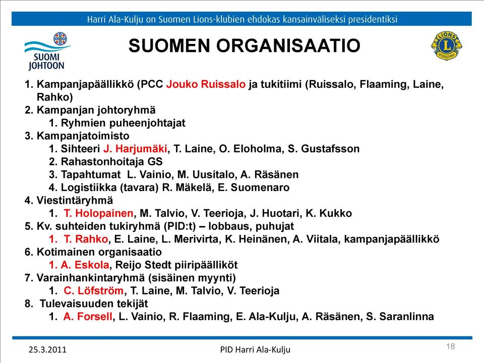 Talvio, V. Teerioja, J. Huotari, K. Kukko 5. Kv. suhteiden tukiryhmä (PID:t) lobbaus, puhujat 1. T. Rahko, E. Laine, L. Merivirta, K. Heinänen, A. Viitala, kampanjapäällikkö 6.