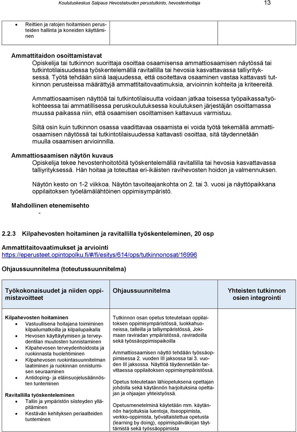 Työtä tehdään siinä laajuudessa, että osoitettava osaaminen vastaa kattavasti tutkinnon perusteissa määrättyjä ammattitaitovaatimuksia, arvioinnin kohteita ja kriteereitä.