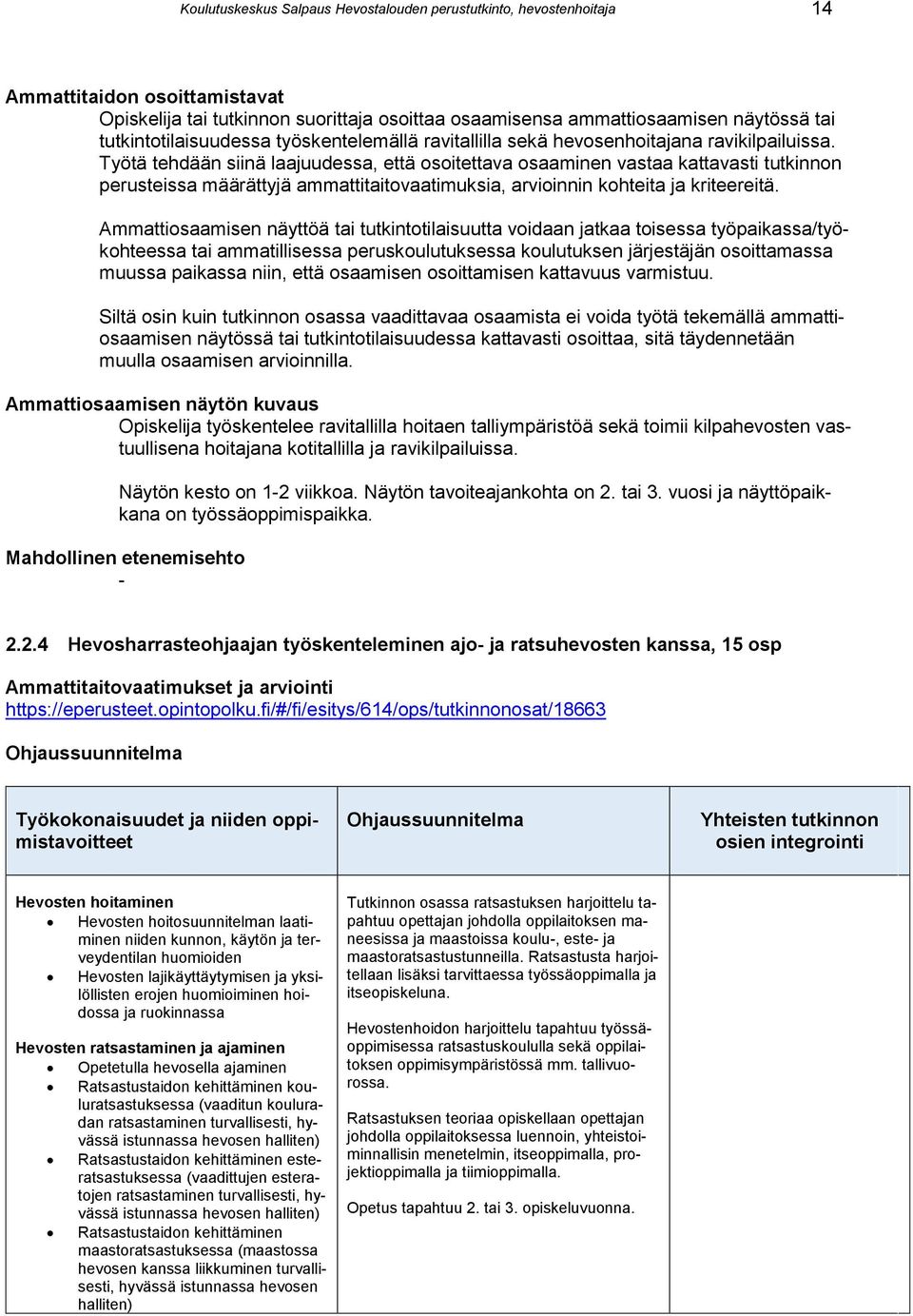 Työtä tehdään siinä laajuudessa, että osoitettava osaaminen vastaa kattavasti tutkinnon perusteissa määrättyjä ammattitaitovaatimuksia, arvioinnin kohteita ja kriteereitä.