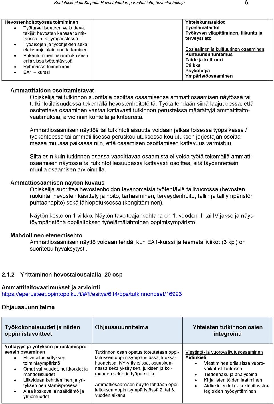 ylläpitäminen, liikunta ja terveystieto Sosiaalinen ja kulttuurinen osaaminen Kulttuurien tuntemus Taide ja kulttuuri Etiikka Psykologia Ympäristöosaaminen Ammattitaidon osoittamistavat Opiskelija