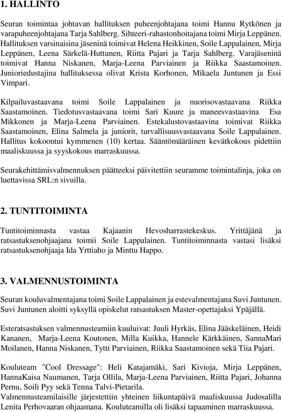 Varajäseninä toimivat Hanna Niskanen, Marja-Leena Parviainen ja Riikka Saastamoinen. Junioriedustajina hallituksessa olivat Krista Korhonen, Mikaela Juntunen ja Essi Vimpari.