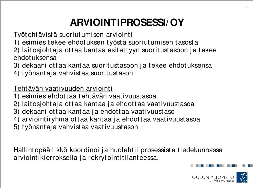 esimies ehdottaa tehtävän vaativuustasoa 2) laitosjohtaja ottaa kantaa ja ehdottaa vaativuustasoa 3) dekaani ottaa kantaa ja ehdottaa vaativuustaso 4) arviointiryhmä ottaa