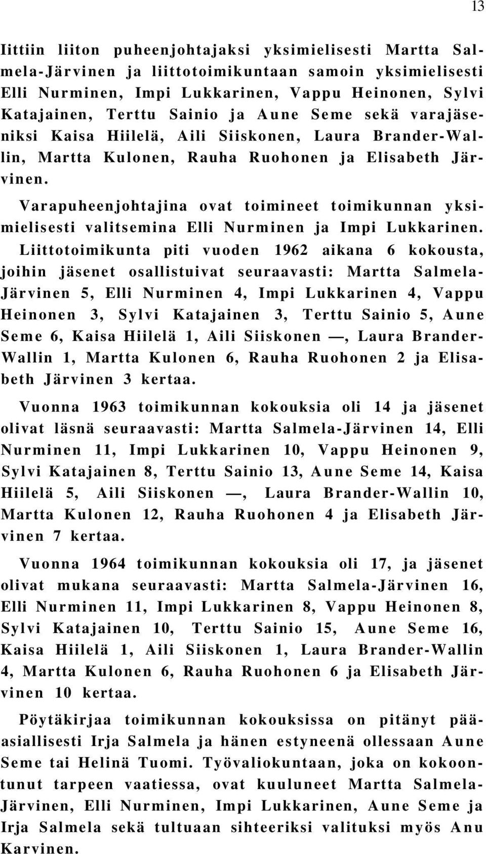 Varapuheenjohtajina ovat toimineet toimikunnan yksimielisesti valitsemina Elli Nurminen ja Impi Lukkarinen.