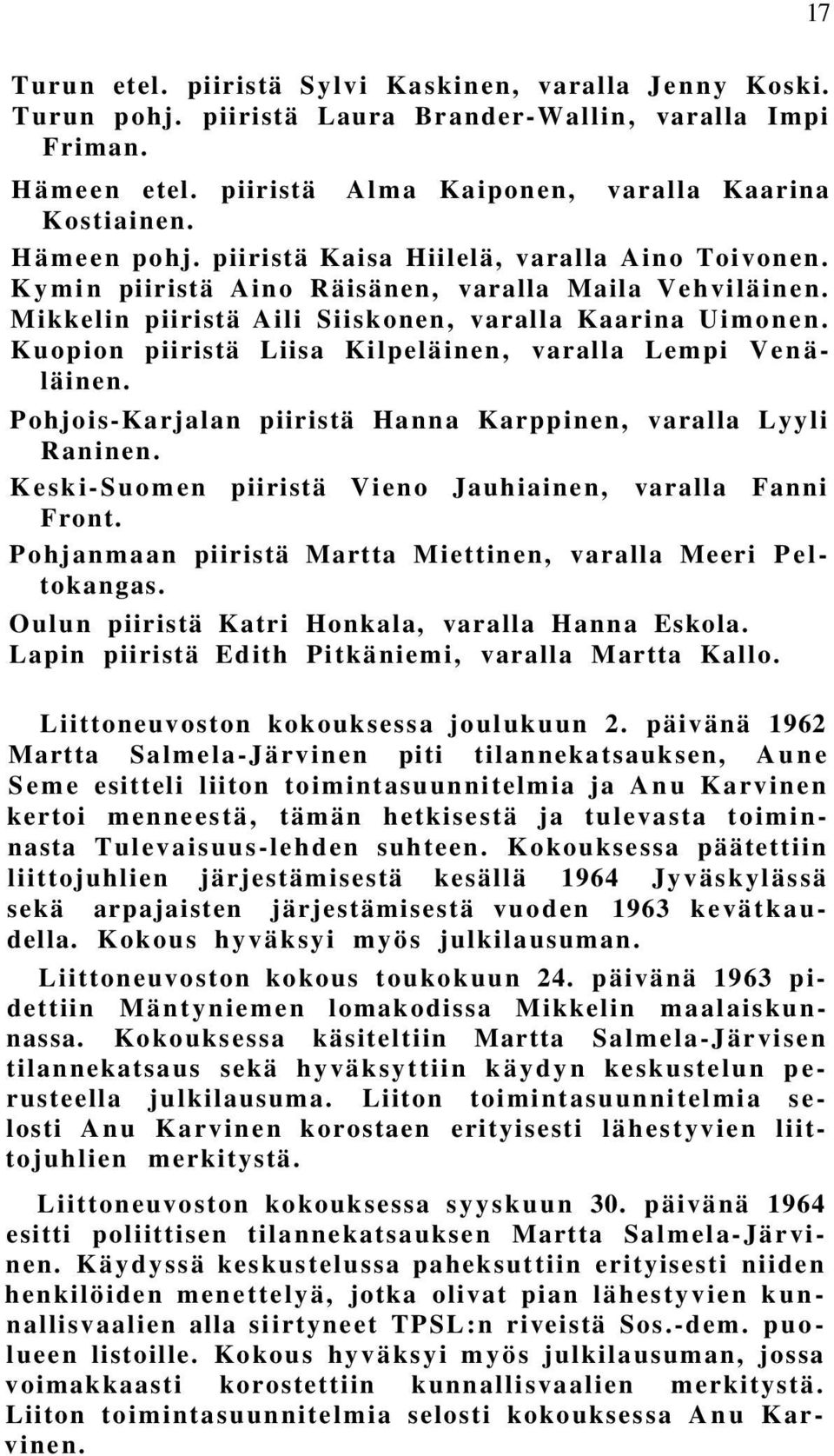 Kuopion piiristä Liisa Kilpeläinen, varalla Lempi Venäläinen. Pohjois-Karjalan piiristä Hanna Karppinen, varalla Lyyli Raninen. Keski-Suomen piiristä Vieno Jauhiainen, varalla Fanni Front.