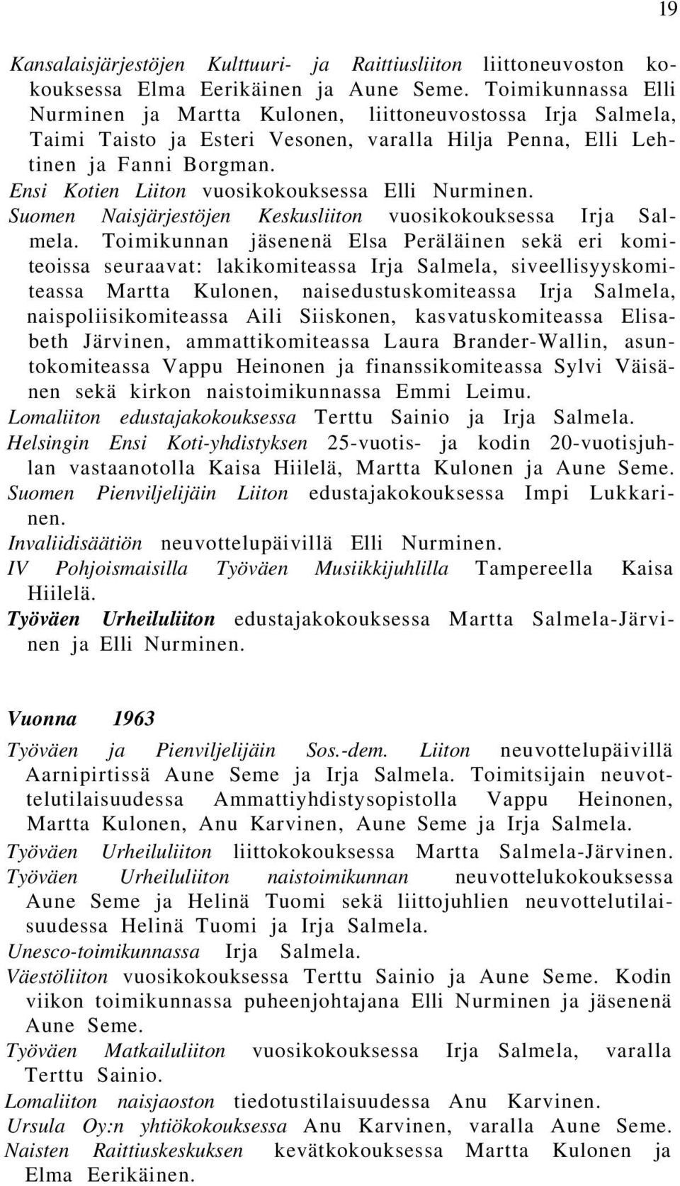 Ensi Kotien Liiton vuosikokouksessa Elli Nurminen. Suomen Naisjärjestöjen Keskusliiton vuosikokouksessa Irja Salmela.