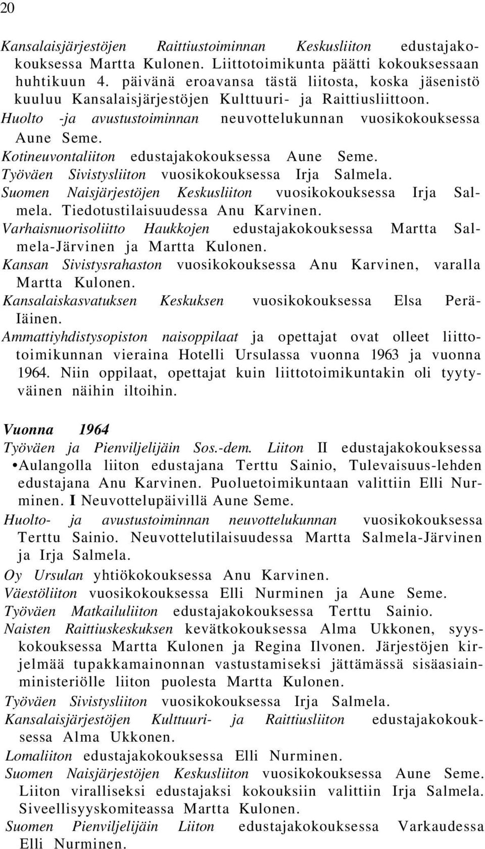 Kotineuvontaliiton edustajakokouksessa Aune Seme. Työväen Sivistysliiton vuosikokouksessa Irja Salmela. Suomen Naisjärjestöjen Keskusliiton vuosikokouksessa Irja Salmela.