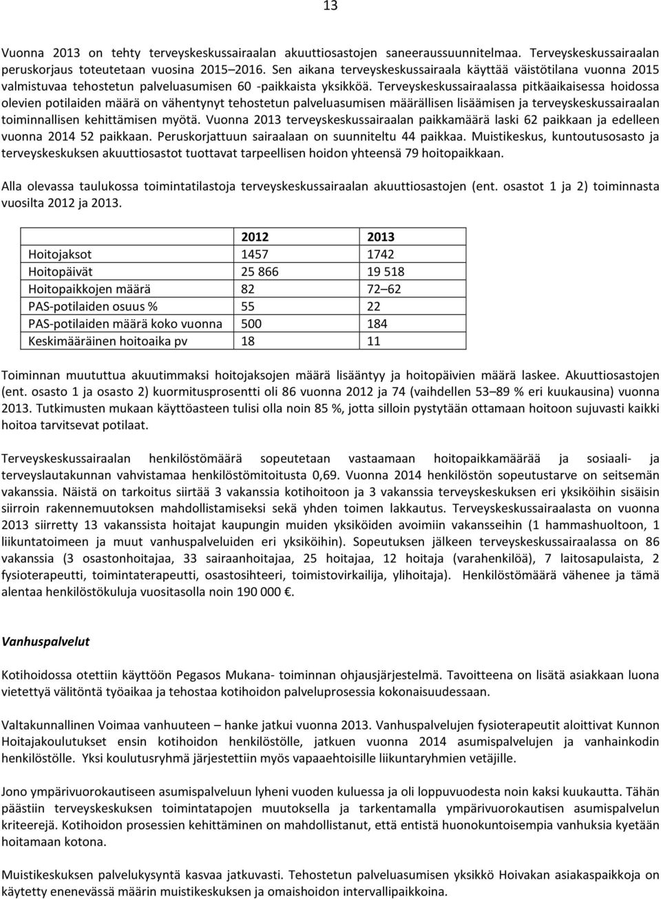 Terveyskeskussairaalassa pitkäaikaisessa hoidossa olevien potilaiden määrä on vähentynyt tehostetun palveluasumisen määrällisen lisäämisen ja terveyskeskussairaalan toiminnallisen kehittämisen myötä.