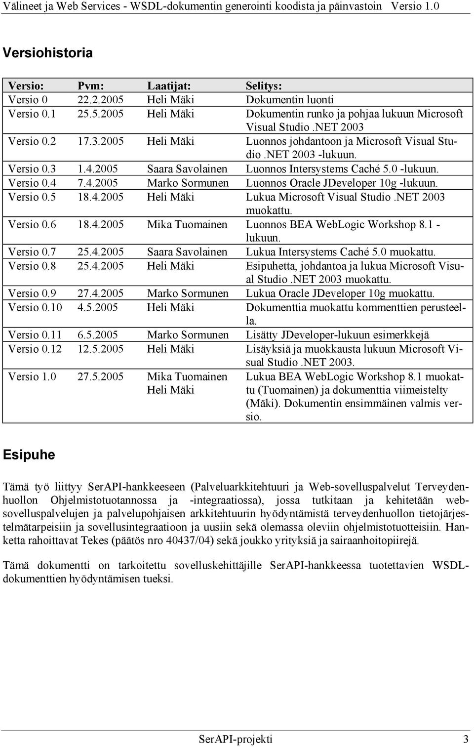 Versio 0.5 18.4.2005 Heli Mäki Lukua Microsoft Visual Studio.NET 2003 muokattu. Versio 0.6 18.4.2005 Mika Tuomainen Luonnos BEA WebLogic Workshop 8.1 - lukuun. Versio 0.7 25.4.2005 Saara Savolainen Lukua Intersystems Caché 5.