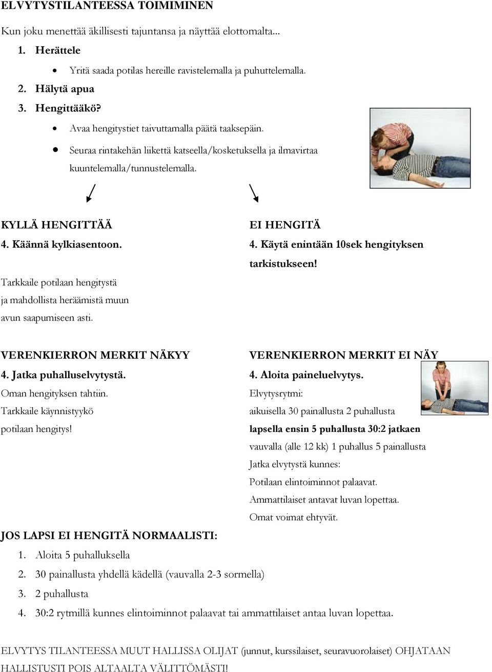 Käännä kylkiasentoon. 4. Käytä enintään 10sek hengityksen tarkistukseen! Tarkkaile potilaan hengitystä ja mahdollista heräämistä muun avun saapumiseen asti.