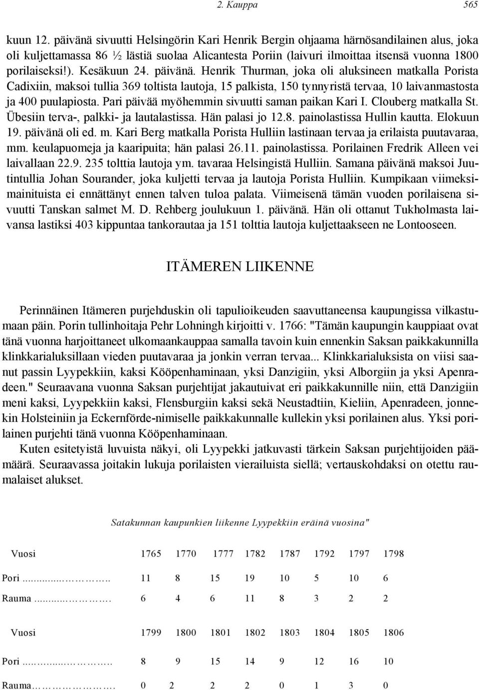 Kesäkuun 24. päivänä. Henrik Thurman, joka oli aluksineen matkalla Porista Cadixiin, maksoi tullia 369 toltista lautoja, 15 palkista, 150 tynnyristä tervaa, 10 laivanmastosta ja 400 puulapiosta.