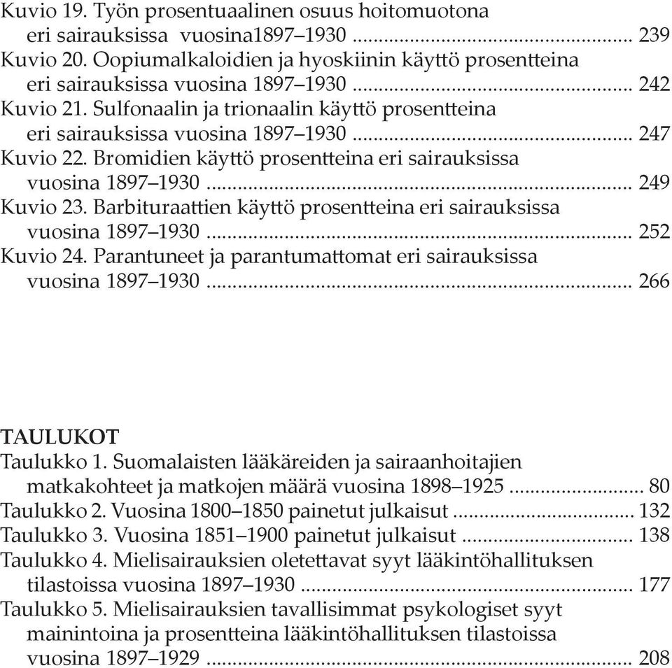 Barbituraattien käyttö prosentteina eri sairauksissa vuosina 1897 1930... 252 Kuvio 24. Parantuneet ja parantumattomat eri sairauksissa vuosina 1897 1930... 266 TAULUKOT Taulukko 1.