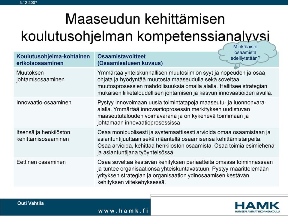 Ymmärtää yhteiskunnallisen muutosilmiön syyt ja nopeuden ja osaa ohjata ja hyödyntää muutosta maaseudulla sekä soveltaa muutosprosessien mahdollisuuksia omalla alalla.