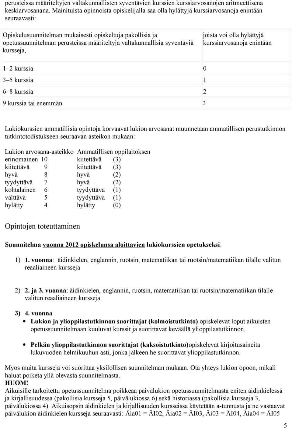 valtakunnallisia syventäviä kursseja, joista voi olla hylättyjä kurssiarvosanoja enintään 1 2 kurssia 0 3 5 kurssia 1 6 8 kurssia 2 9 kurssia tai enemmän 3 Lukiokurssien ammatillisia opintoja