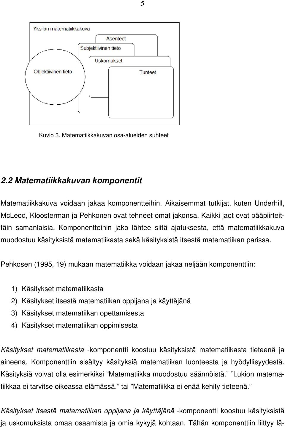 Komponentteihin jako lähtee siitä ajatuksesta, että matematiikkakuva muodostuu käsityksistä matematiikasta sekä käsityksistä itsestä matematiikan parissa.