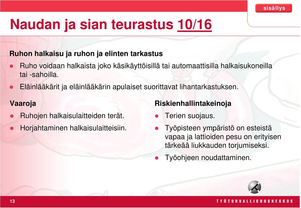 Eläinlääkärit ja eläinlääkärin apulaiset suorittavat lihantarkastuksen. Ruhojen halkaisulaitteiden terät.