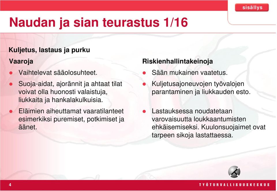 Eläimien aiheuttamat vaaratilanteet esimerkiksi puremiset, potkimiset ja äänet. Sään mukainen vaatetus.