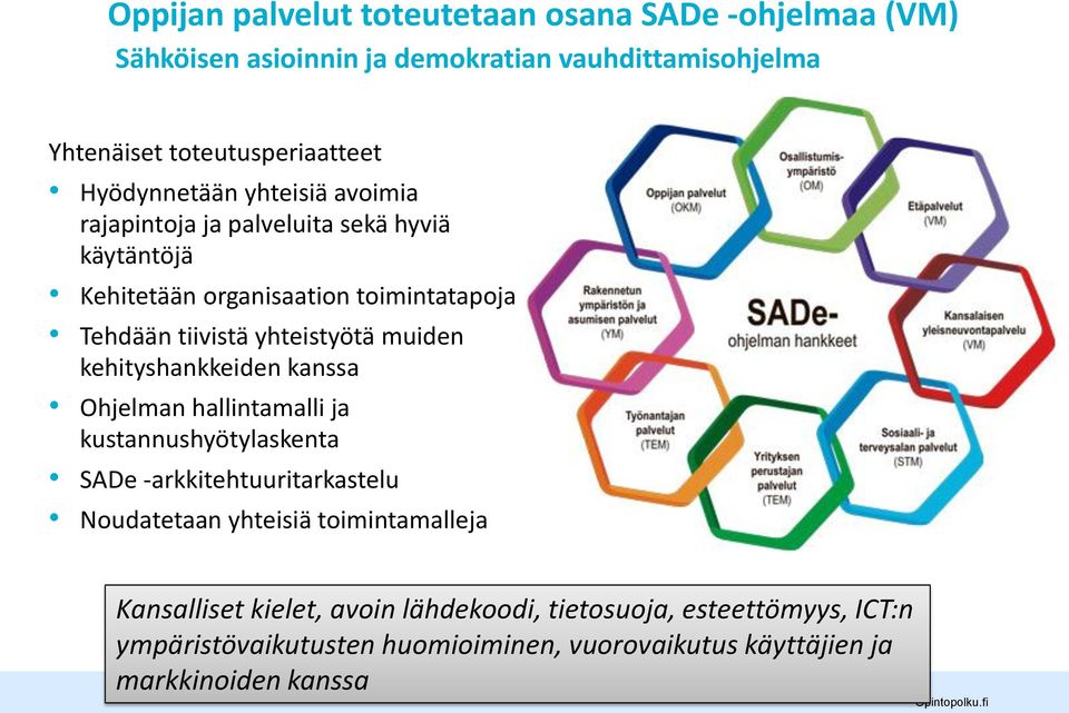 muiden kehityshankkeiden kanssa Ohjelman hallintamalli ja kustannushyötylaskenta SADe -arkkitehtuuritarkastelu Noudatetaan yhteisiä