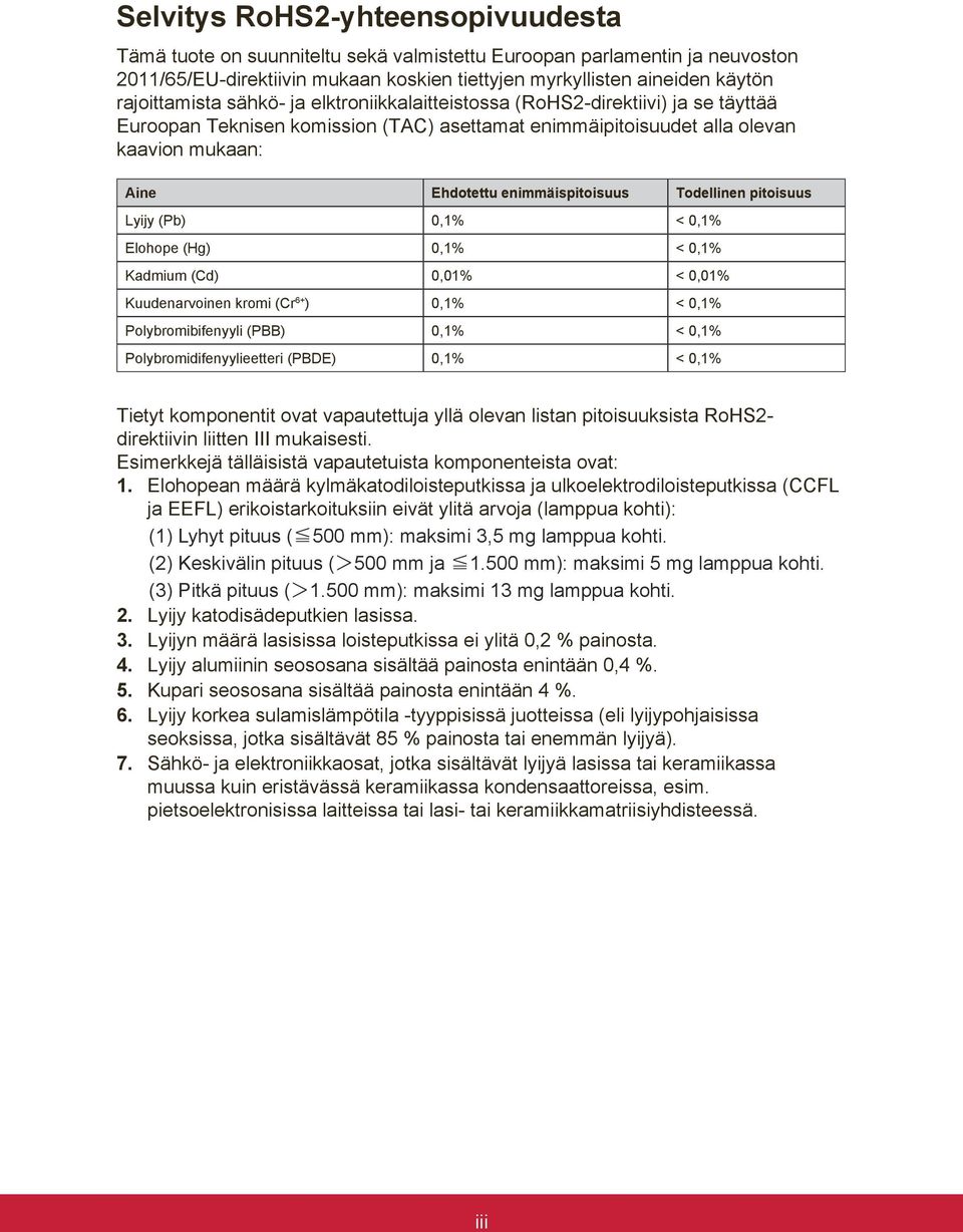 enimmäispitoisuus Todellinen pitoisuus Lyijy (Pb) 0,1% < 0,1% Elohope (Hg) 0,1% < 0,1% Kadmium (Cd) 0,01% < 0,01% Kuudenarvoinen kromi (Cr 6+ ) 0,1% < 0,1% Polybromibifenyyli (PBB) 0,1% < 0,1%