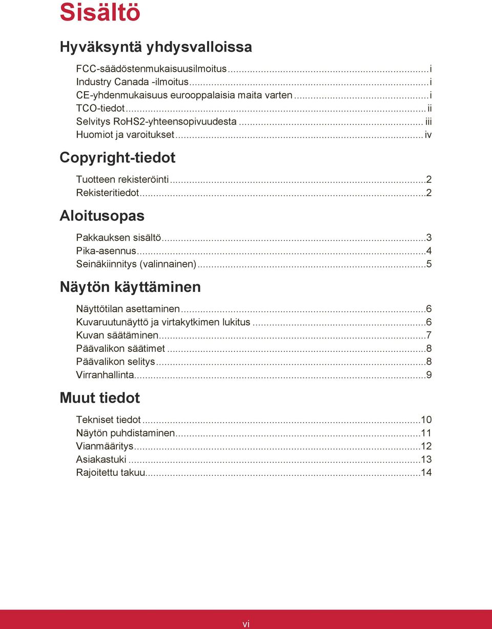 ..3 Pika-asennus...4 Seinäkiinnitys (valinnainen)...5 Näytön käyttäminen Näyttötilan asettaminen...6 Kuvaruutunäyttö ja virtakytkimen lukitus...6 Kuvan säätäminen.