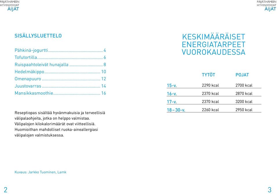 Keskimääräise energiaarpee vuorokaudessa yö 2290 poja 2700 2370 HyvinVoiva 2870 Äijä I Resepiopas sisälää hyvänmakuisia ja