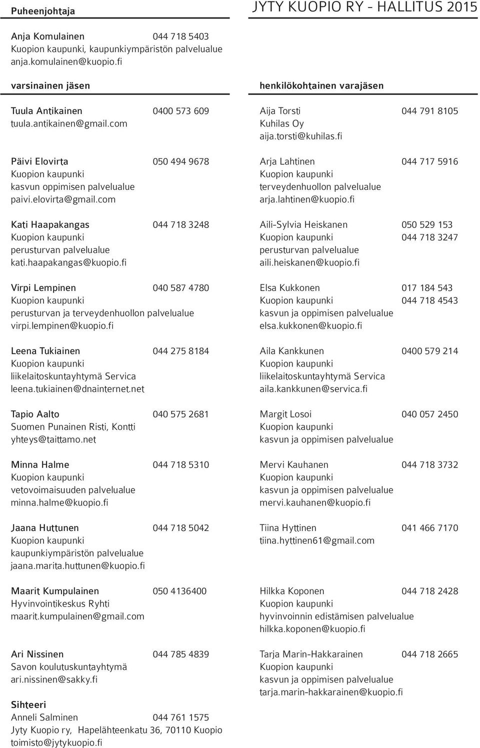 fi Virpi Lempinen 040 587 4780 perusturvan ja terveydenhuollon palvelualue virpi.lempinen@kuopio.fi Leena Tukiainen 044 275 8184 liikelaitoskuntayhtymä Servica leena.tukiainen@dnainternet.
