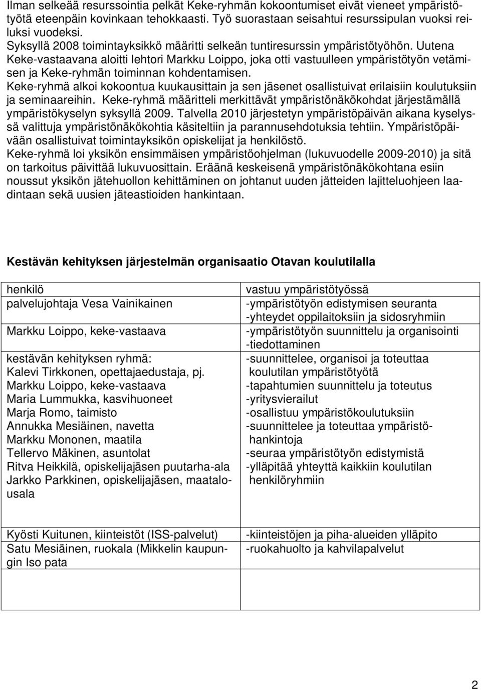 Uutena Keke-vastaavana aloitti lehtori Markku Loippo, joka otti vastuulleen ympäristötyön vetämisen ja Keke-ryhmän toiminnan kohdentamisen.