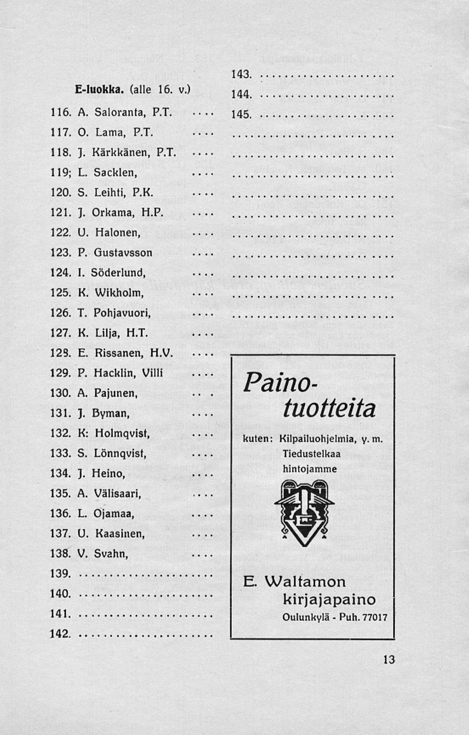 A. Pajunen, 131. ]. Byman, 132. K: Holmqvist, 133. S. Lönnqvist, 134. J. Heino, 135. A. Välisaari, 136. L. Ojamaa, 137. U. Kaasinen, 138. V. Svahn, 139.