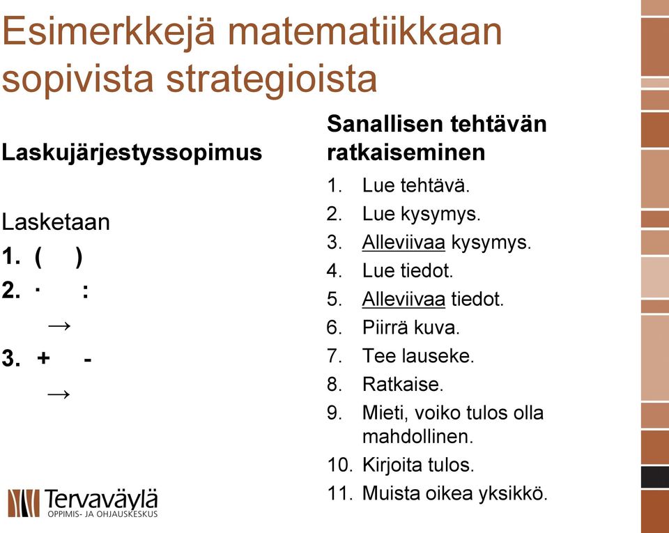 4. Lue tiedot. 5. Alleviivaa tiedot. 6. Piirrä kuva. 7. Tee lauseke. 8. Ratkaise. 9.