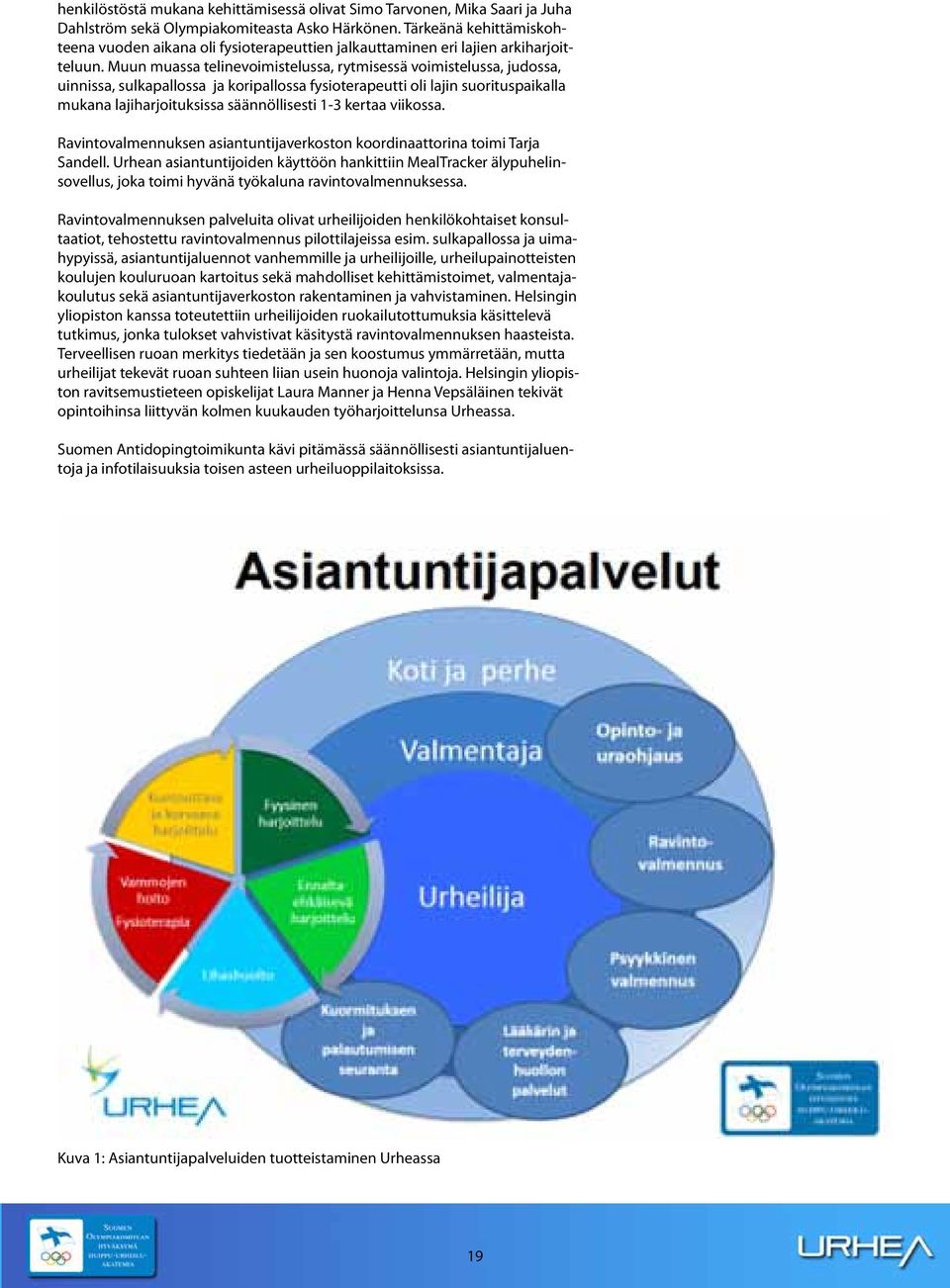 Muun muassa telinevoimistelussa, rytmisessä voimistelussa, judossa, uinnissa, sulkapallossa ja koripallossa fysioterapeutti oli lajin suorituspaikalla mukana lajiharjoituksissa säännöllisesti 1-3