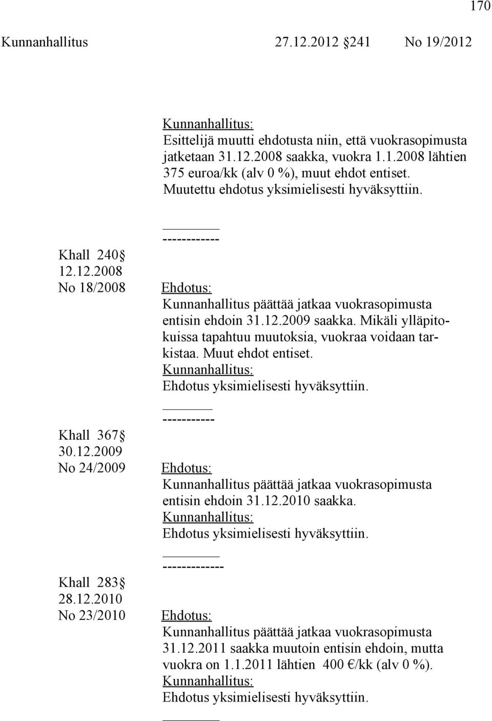 12.2009 saakka. Mikäli ylläpitokuissa tapahtuu muutoksia, vuokraa voidaan tarkistaa. Muut ehdot entiset. ----------- Kunnanhallitus päättää jatkaa vuokrasopimusta entisin ehdoin 31.12.2010 saakka.