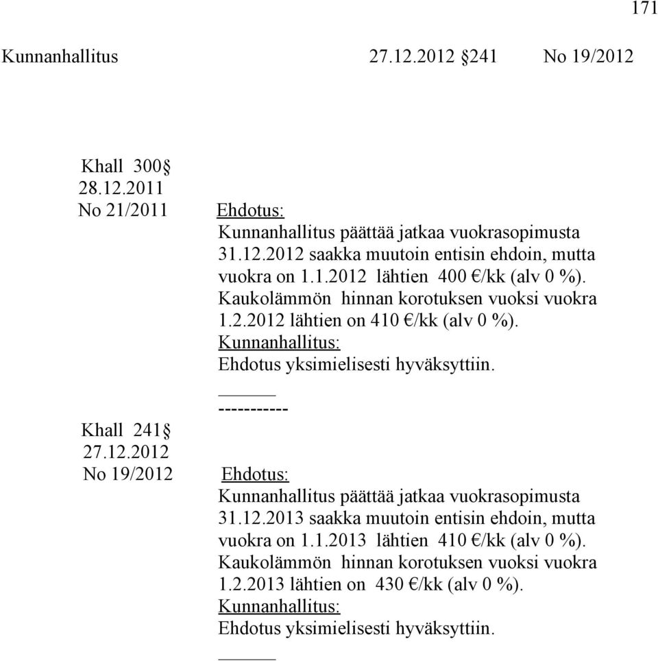 ----------- Kunnanhallitus päättää jatkaa vuokrasopimusta 31.12.2013 saakka muutoin entisin ehdoin, mutta vuokra on 1.1.2013 lähtien 410 /kk (alv 0 %).