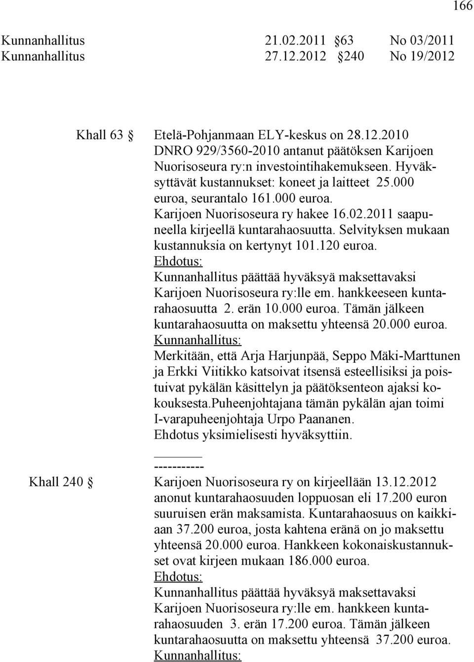 Selvityksen mukaan kustannuksia on kertynyt 101.120 euroa. Kunnanhallitus päättää hyväksyä maksettavaksi Karijoen Nuorisoseura ry:lle em. hankkeeseen kuntarahaosuutta 2. erän 10.000 euroa.