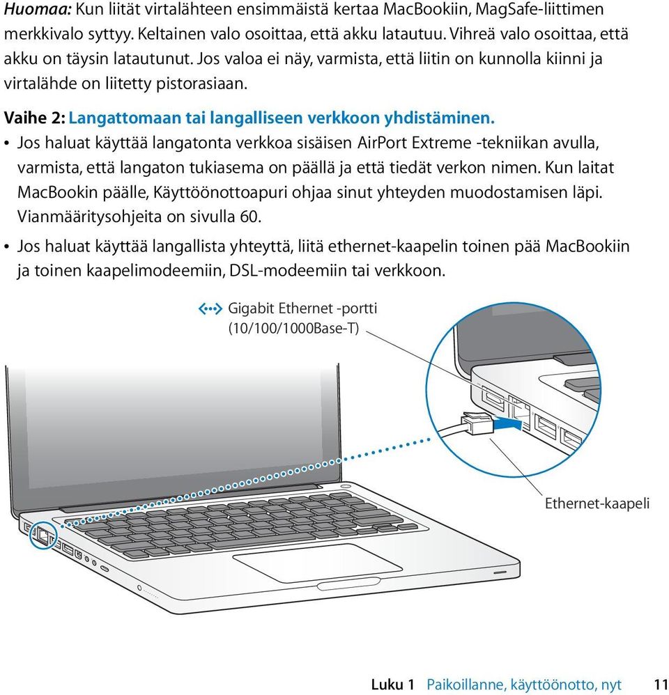 Â Jos haluat käyttää langatonta verkkoa sisäisen AirPort Extreme -tekniikan avulla, varmista, että langaton tukiasema on päällä ja että tiedät verkon nimen.