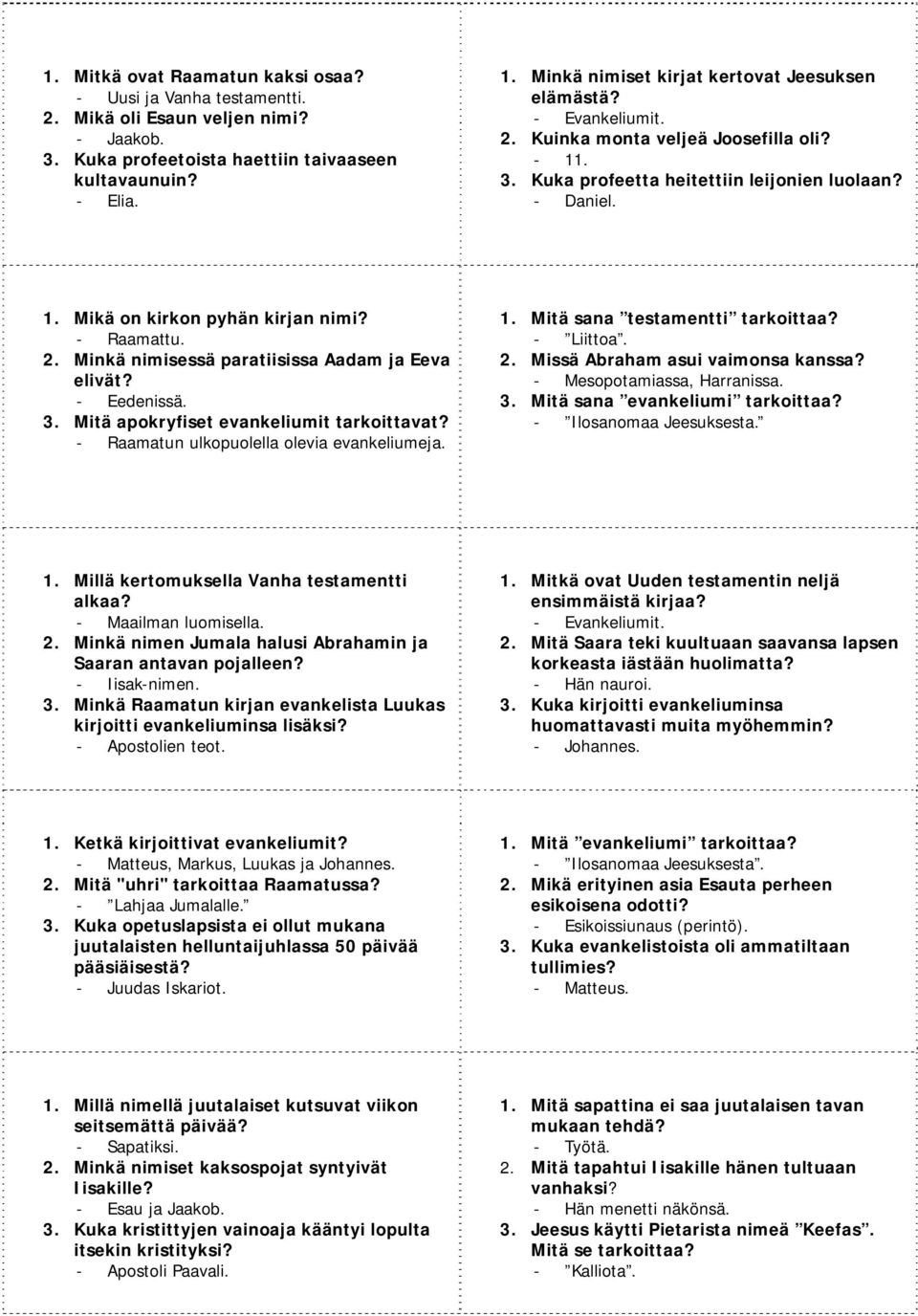 Raamattu. 2. Minkä nimisessä paratiisissa Aadam ja Eeva elivät? Eedenissä. 3. Mitä apokryfiset evankeliumit tarkoittavat? Raamatun ulkopuolella olevia evankeliumeja. 1.
