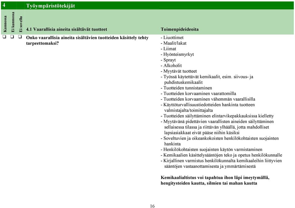 siivous- ja puhdistuskemikaalit - Tuotteiden tunnistaminen - Tuotteiden korvaaminen vaarattomilla - Tuotteiden korvaaminen vähemmän vaarallisilla - Käyttöturvallisuustiedotteiden hankinta tuotteen