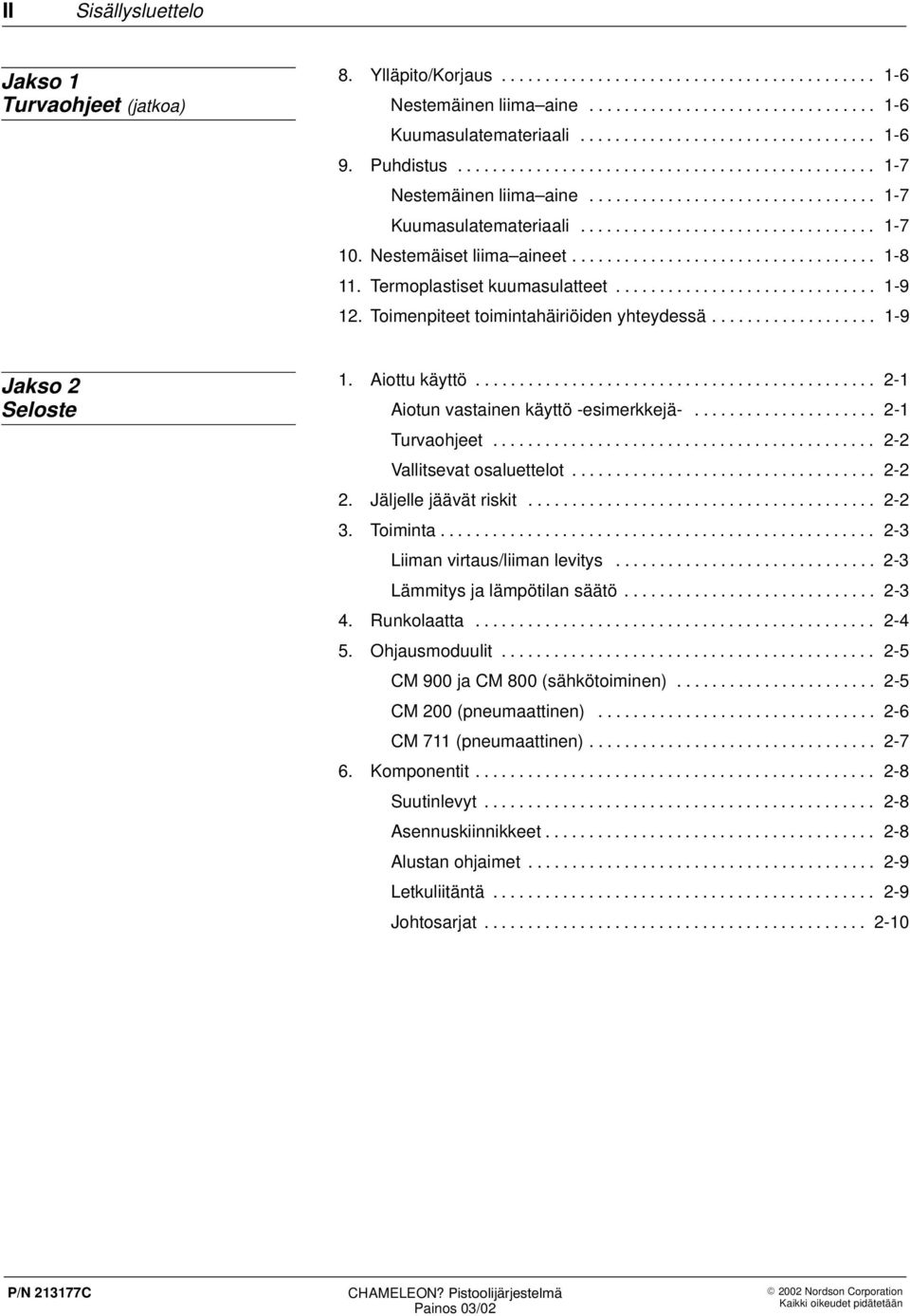 Nestemäiset liima aineet................................... 1-8 11. Termoplastiset kuumasulatteet.............................. 1-9 12. Toimenpiteet toimintahäiriöiden yhteydessä.