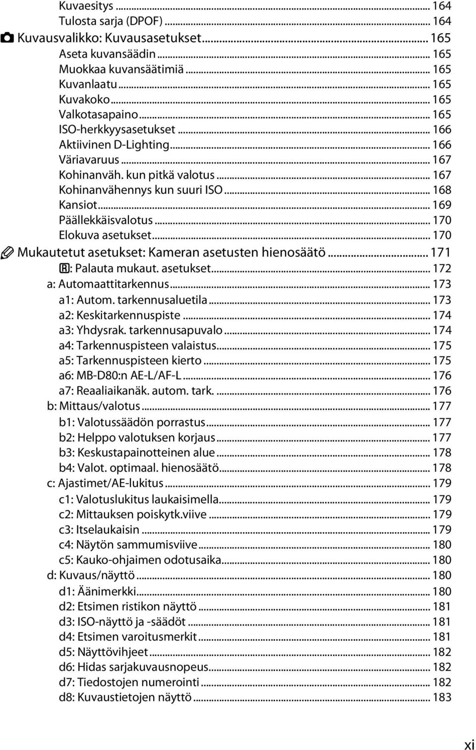 .. 170 Elokuva asetukset... 170 A Mukautetut asetukset: Kameran asetusten hienosäätö... 171 A: Palauta mukaut. asetukset... 172 a: Automaattitarkennus... 173 a1: Autom. tarkennusaluetila.