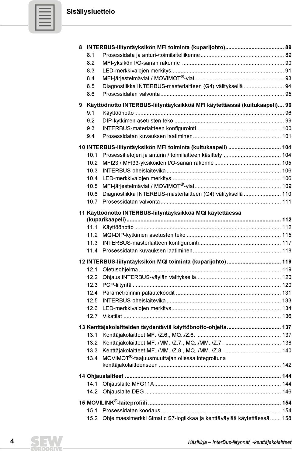 .. 95 9 Käyttöönotto INTERBUS-liityntäyksikköä MFI käytettäessä (kuitukaapeli)... 96 9.1 Käyttöönotto... 96 9.2 DIP-kytkimen asetusten teko... 99 9.3 INTERBUS-materlaitteen konfigurointi... 100 9.