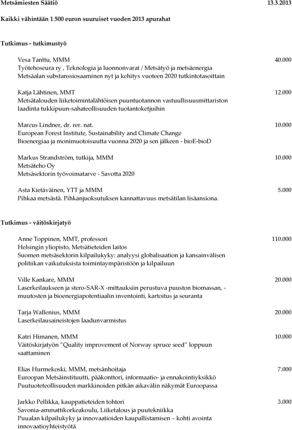 000 Metsätalouden liiketoimintalähtöisen puuntuotannon vastuullisuusmittariston laadinta tukkipuun-sahateollisuuden tuotantoketjuihin Marcus Lindner, dr. rer. nat. 10.