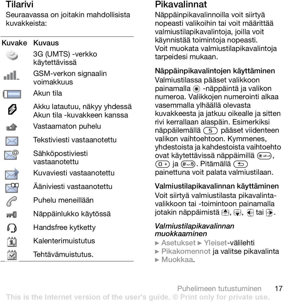 Kalenterimuistutus Tehtävämuistutus. Pikavalinnat Näppäinpikavalinnoilla voit siirtyä nopeasti valikoihin tai voit määrittää valmiustilapikavalintoja, joilla voit käynnistää toimintoja nopeasti.