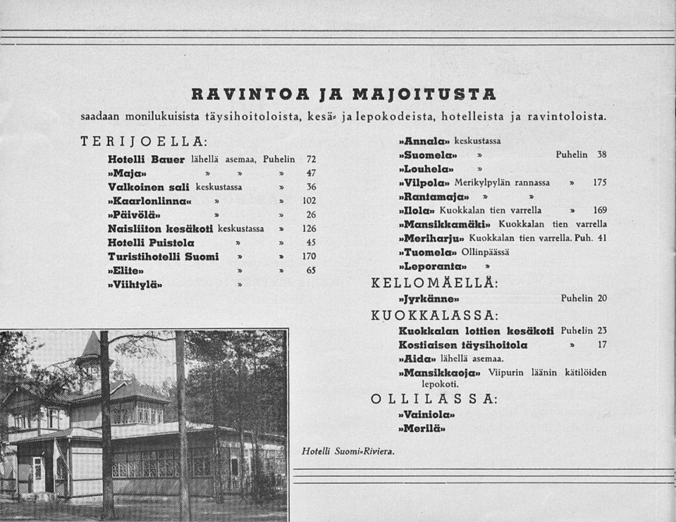 170 Elite 65 Viihlylä Annala keskustassa Suomela Puhelin 38 Louhela Vilpola Merikylpylän rannassa 175 * Rantamaja Ilola Kuokkalan tien varrella 169 Mansikkamäki Kuokkalan tien varrella Meriharju