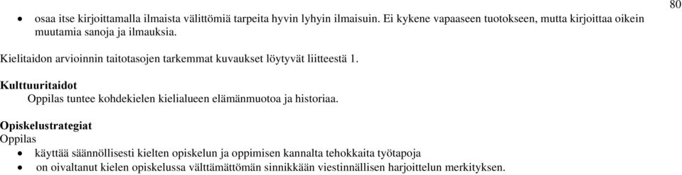 80 Kielitaidon arvioinnin taitotasojen tarkemmat kuvaukset löytyvät liitteestä 1.