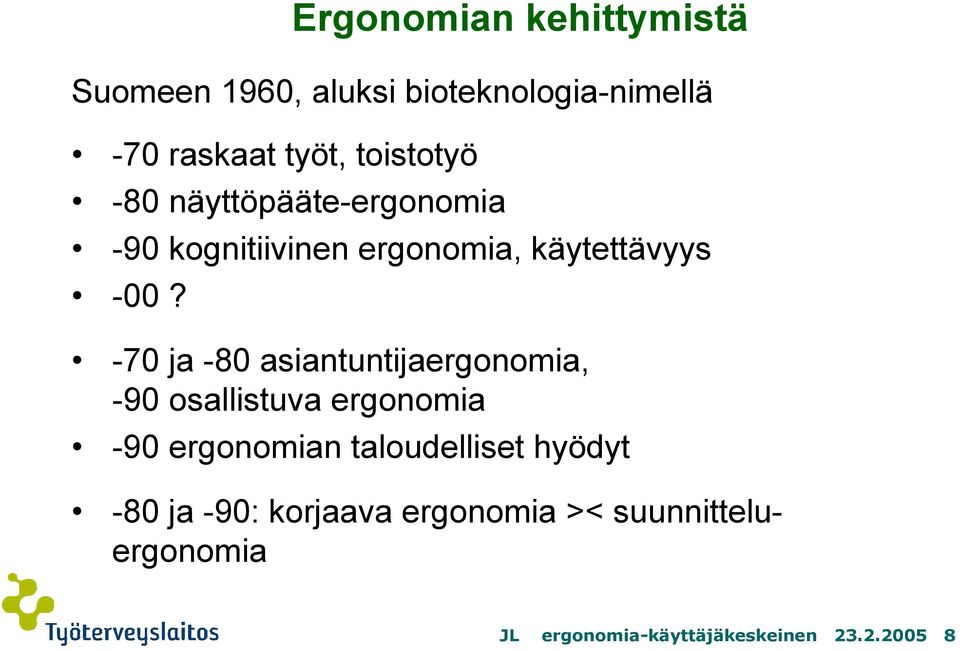 -70 ja -80 asiantuntijaergonomia, -90 osallistuva ergonomia -90 ergonomian taloudelliset