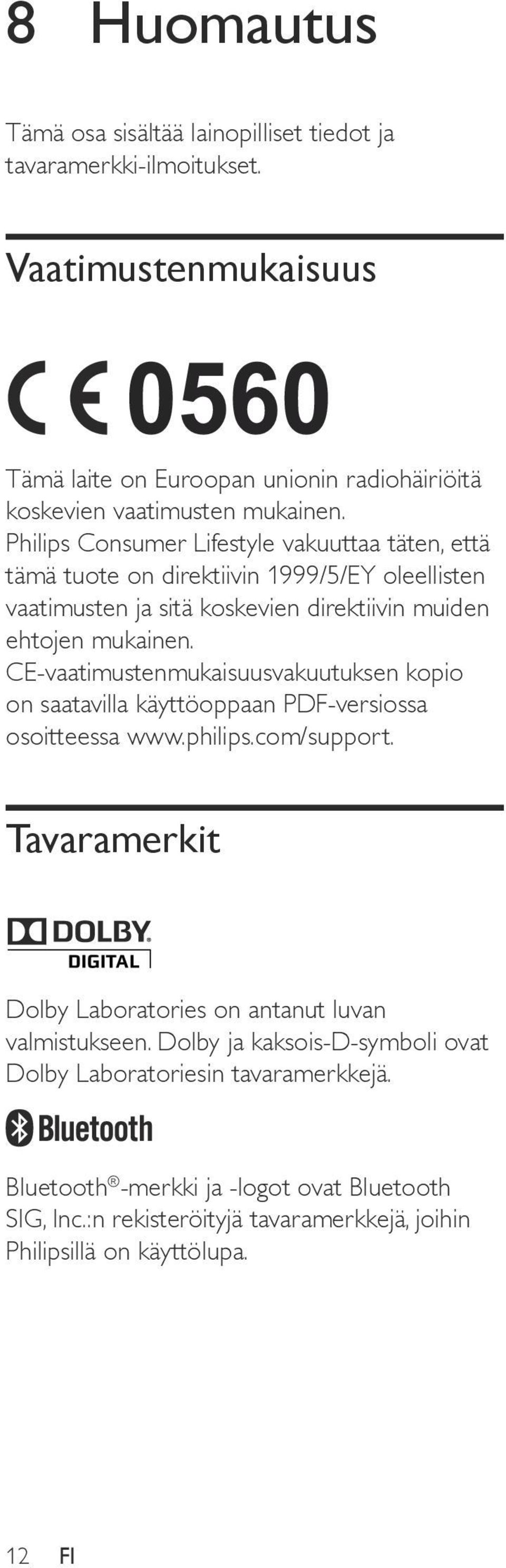 CE-vaatimustenmukaisuusvakuutuksen kopio on saatavilla käyttöoppaan PDF-versiossa osoitteessa www.philips.com/support.